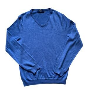J Crew Merino Wool Blue V Neck Sweater Size Medium Preppy Classic Soft Mens